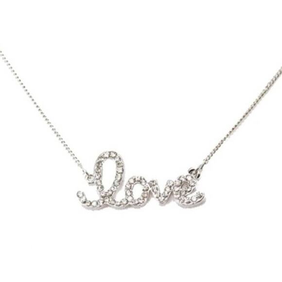 T&J Designs Jewelry - Silver Pave Love Necklace 18k gold plated script 16"-19" mini glass rhinestones
